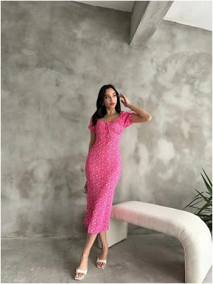 Yazlık Çiçek Desen Karpuz Kol Yırtmaç Detay Midi Boy Elbise