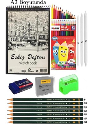 Artlantis A3 Eskiz Defteri Spralli 50 Yaprak Karakalem Çizim Seti Gölgelendirme Kalemi Kuruboya Hamur Silgi Fatih Dereceli Kalem