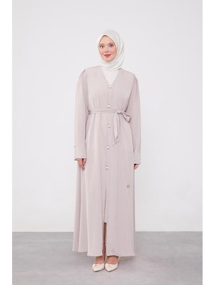 Lêvi D'or Bej İnci Düğmeli Kuşaklı Ferace