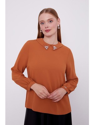 Lêvi D'or Kahve Yaka İşlemeli Bluz