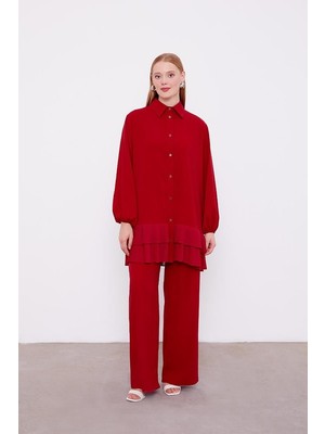 Lêvi D'or Bordo Eteği Pileli Gömlek Yaka Tunik Takım