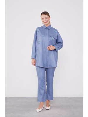 Levidor Mavi Pul İşlemeli Gölek Yaka İkili Takım