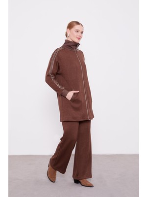 Lêvi D'or Kahve Kolları Taş İşlemeli Kaşmir İkili Takım