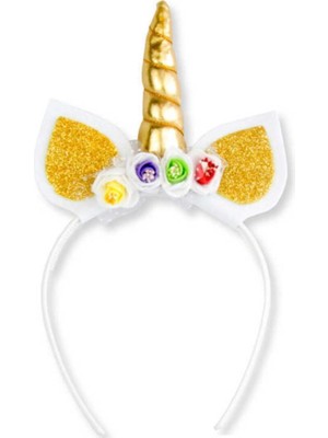 Taç Unıcorn Boynuzlu Çiçekle Süslü Altın