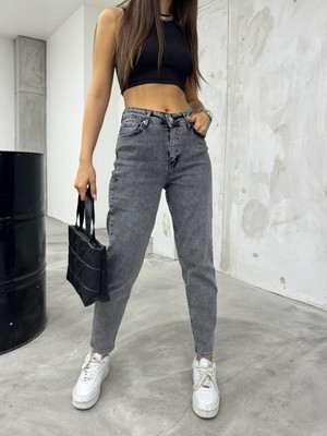 Bikelife Kadın Yüksek Bel Esnek Mom Jeans Füme Denim Düz Cep ile Casual Stil