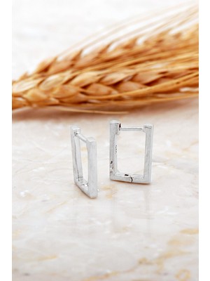 Sümer Telkari Dikdörtgen Taşsız Rodyumlu Minimal Gümüş Küpe 7175