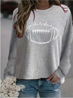 Kadın Game Day Baskılı Yuvarlak Yaka Gri Sweatshirt