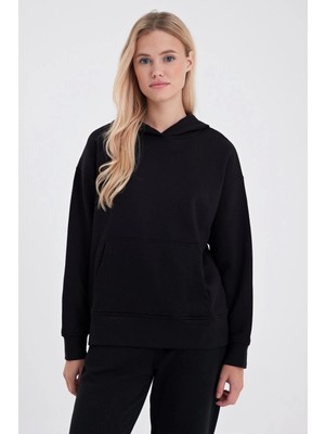 Kadın Kapüşonlu Siyah 3 Iplik Hoodie Sweatshirt