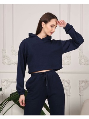 Kadın Lacivert Crop Sweatshirt Oversize Rahat Giyim