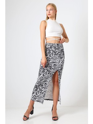 Win Moda Maxi Boy Zebra Desenli Yırtmaçlı Etek Örme Kumaş 92 cm Şık ve Modern