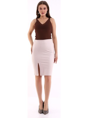 Win Moda Deri Etek Yırtmaçlı Ekru