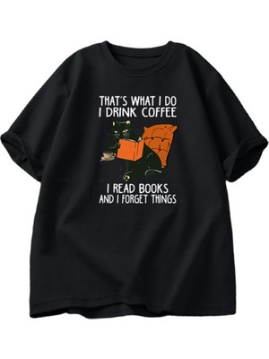 Tarz Sokak Kadınlar Için Sevimli Kedi T-Shirt Erkekler Kitaplar Kahve Kedi Baskı T-Shirt Komik Tasarımcı