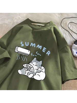 Tarz Sokak Yaz Kedi T Shirt Erkekler Kadınlar Için Amerikan Sokak Yaratıcı Komik Klima Kedi T-Shirt Pamu