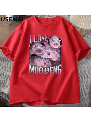 Tarz Sokak Ben Aşk Moo Deng T Shirt Kadın Erkek Komik Moo Deng Fan Kulübü Hippo Sevgilisi T-Shirt Pamuk