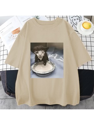 Tarz Sokak Süt Yüz Kedi Meme Baskı T Shirt Garip Mizah Komik Kedi Grafik T-Shirt Erkek Kadın Hip Hop Pam