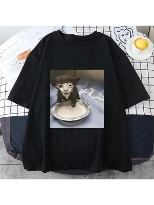 Tarz Sokak Süt Yüz Kedi Meme Baskı T Shirt Garip Mizah Komik Kedi Grafik T-Shirt Erkek Kadın Hip Hop Pam