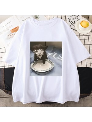 Tarz Sokak Süt Yüz Kedi Meme Baskı T Shirt Garip Mizah Komik Kedi Grafik T-Shirt Erkek Kadın Hip Hop Pam