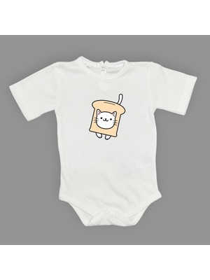 Mnk Baby & Kids Ekmek Kedi Baskılı Bebek Çıtçıtlı Body Uzun Kısa Kolsuz