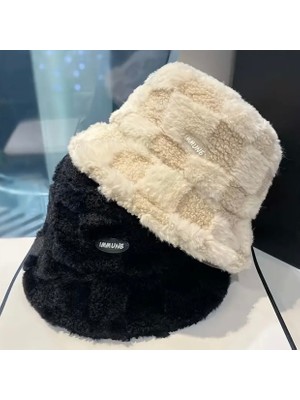 Unisex Peluş Bej Bucket Şapka