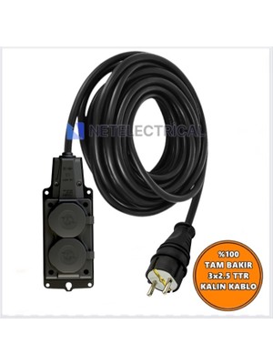 Netelectrical  Kauçuk 2'li Topraklı Grup Priz Uzatma Kablosu 4 Metre 3x2,5 Mm² Ttr Kalın Siyah Kablolu