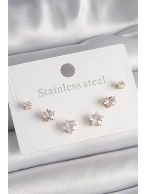 Callerrons Accessories Gold Renk Zirkon Taşlı Yıldız Model Kadın Küpe Seti - EBJ241228W30183
