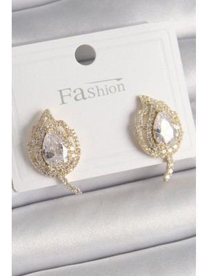 Callerrons Accessories Pirinç Gold Renk Zirkon Taşlı Yaprak Model Kadın Küpe - EBJ241228W30246