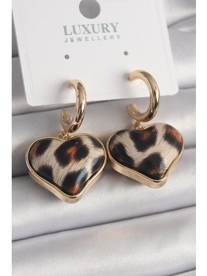 Callerrons Accessories Pirinç Gold Renk 3D Kalp Leopar Model Kadın Küpe - EBJ241228W30177