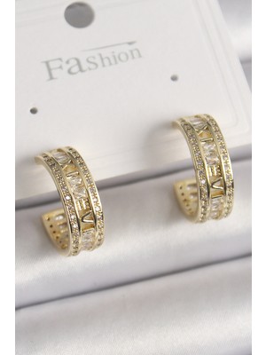 Callerrons Accessories Pirinç Gold Renk Zirkon Taşlı Işleme Detay Halka Model Kadın Küpe - EBJ241228W30214