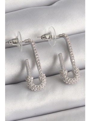Callerrons Accessories Pirinç Gümüş Renk Zirkon Taşlı Çengelli Iğne Model Kadın Küpe - EBJ241228W30239