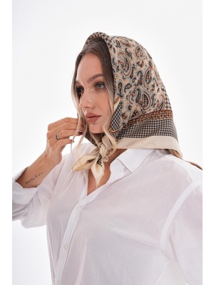 Axesoire 15281 Desenli Ekru Bandana Fular 70X70 cm