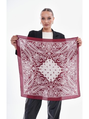 Axesoire 15276 Şal Desenli Bordo Bandana Fular 70X70 cm