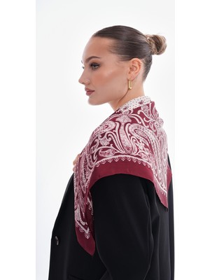 Axesoire 15276 Şal Desenli Bordo Bandana Fular 70X70 cm