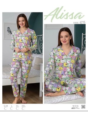 Alissa 6215 Bayan Önü Düğmeli Desenli Uzun Kol  Pijama Takımı