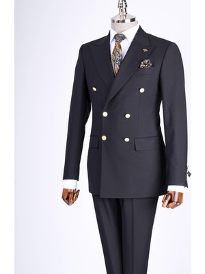 Italyan Stil Slim Fit Kruvaze Ceket Pantolon Takım Elbise Siyah T13526