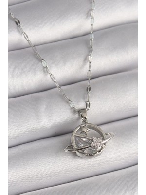 Clariss 316L Çelik Gümüş Renk Zincir Zirkon Taşlı Yıldız Detay Gezegen Mo