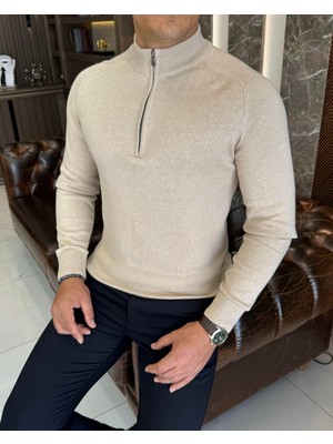 Italyan Stil Slim Fit Erkek Yarım Boğazlı Fermuarlı Triko Kazak Bej T13107