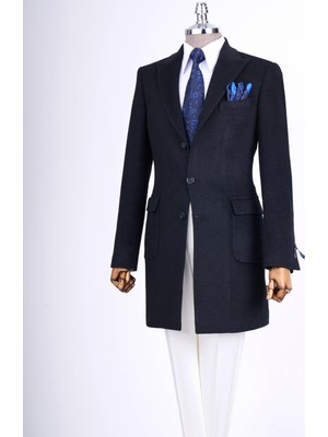 Italyan Stil Slim Fit Sivri Yaka Yün Karışımlı Kaşe Erkek Kaban Lacivert T13456