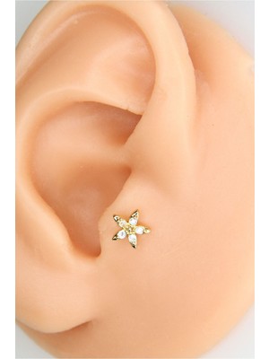 Dam Gold 8mm Çiçek Taş Detaylı Piercing Tragus Helix Kıkırdak