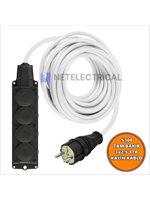 Netelectrical  Kauçuk 4'lü Topraklı Grup Priz Uzatma Kablosu 12 Metre 3x2,5 Mm² Ttr Kalın Beyaz Kablolu