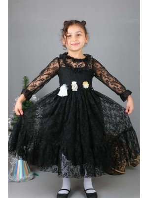 Mnk Baby & Kids Çiçek Motif Dantelli Çocuk Tesettür Elbise MNK0580