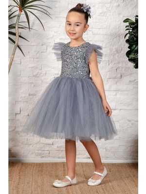 Mnk Baby & Kids Küpeli Pul Payet Tüllü Kız Çocuk Elbise MNK0526