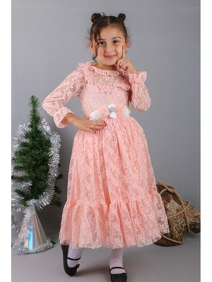 Mnk Baby & Kids Çiçek Motif Dantelli Çocuk Tesettür Elbise MNK0580