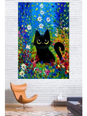 Vendini Çiçekler Arasındaki Minik Kedi Duvar Örtüsü Duvar Halısı Wall Tapestry