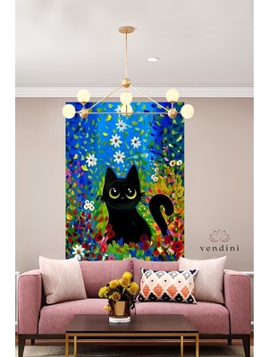 Vendini Çiçekler Arasındaki Minik Kedi Duvar Örtüsü Duvar Halısı Wall Tapestry