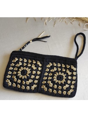 Motifli Siyah Gold Renk Clutch, Portföy, El Çantası makrome ipi ile örülmüştür