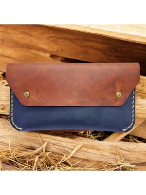 Cy Leather Luna Konyak Mavi El Yapımı Hakiki Deri Erkek Kadın Küçük Unisex El Çantası