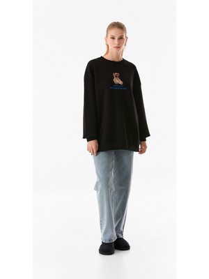 3 Iplik Ayıcık Nakışlı  Bisiklet Yaka Oversize Sweatshirt