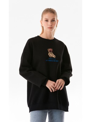 3 Iplik Ayıcık Nakışlı  Bisiklet Yaka Oversize Sweatshirt