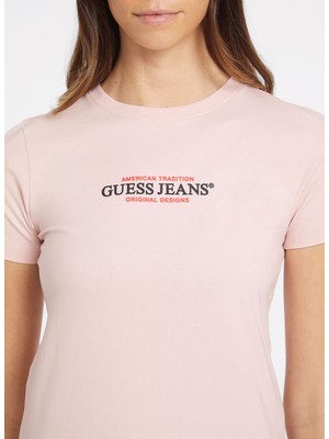 Guess Jeans Bebe Yaka Düz Pembe Kadın T-Shirt Gj Ss Cn Slım Amerıc - Mıd Organıc