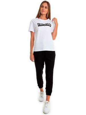 Kadın Beyaz Baskılı V-Yaka Tshirt Regular Fit